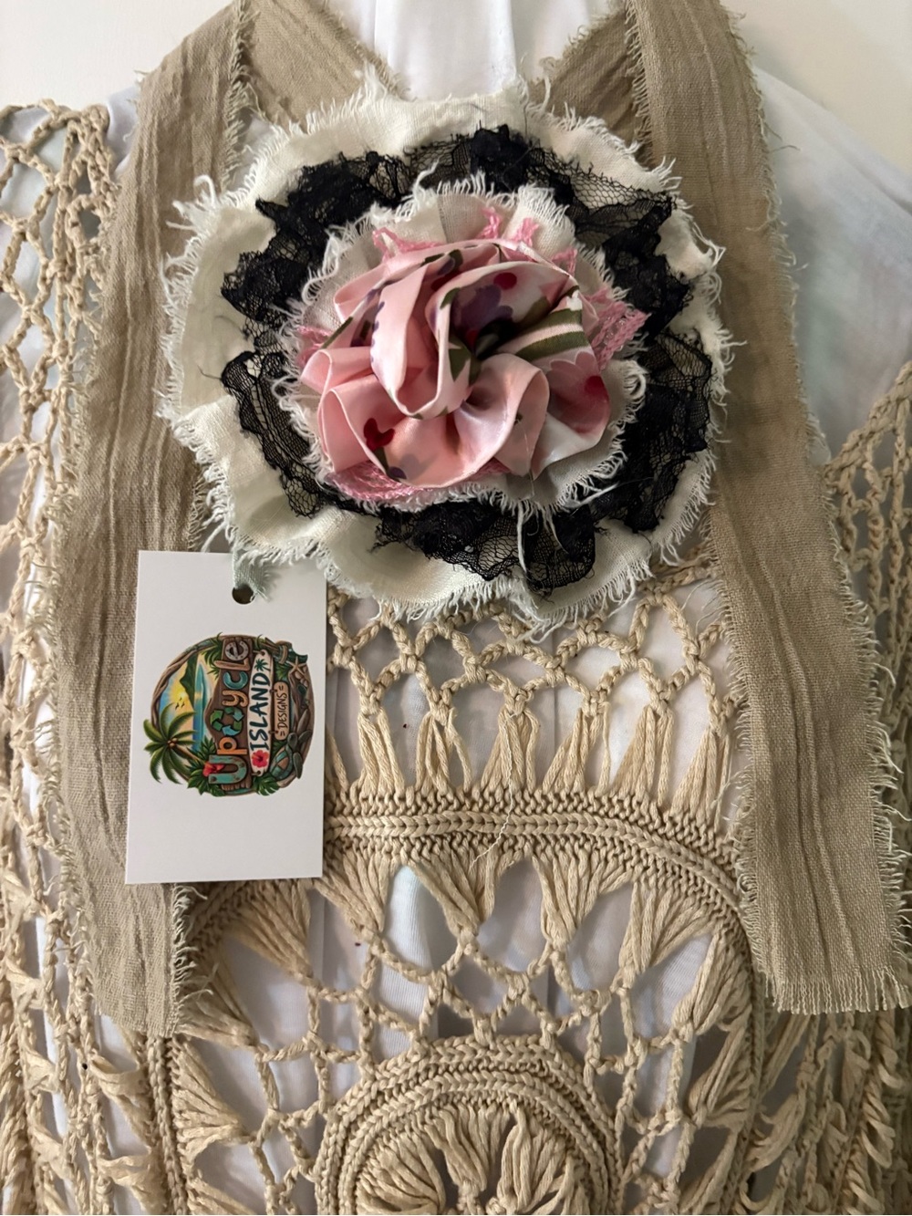 Pink Floral Fabric Jabot Brooch Necklace Choker with Black Lace Accent